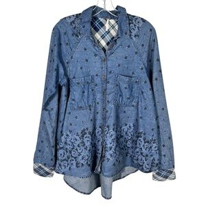 Free People Dottie Over You Chambray Flannel Cutout Floral Button Down Small S
